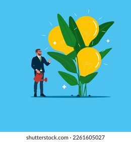 Businessman watering seedling grow high with lightbulb ideas. Growth strategy, solution, learning, education. Modern vector illustration in flat style 