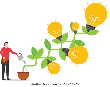 Businessman watering seedling grow high with lightbulb ideas. Growth strategy, solution, learning, education. Modern vector illustration in flat style

