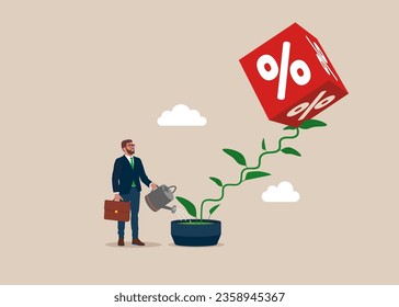 Businessman watering seedling growing cube block with percentage symbol icon. Mortgage rates. Vector illustration
