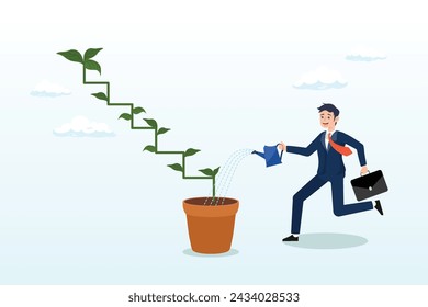 Businessman watering seedling plant growing up as stair to climb to reach success, growth step or career path, job improvement stair or growing investment or stair to success, mentorship (Vector)