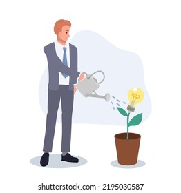 Businessman watering seedling plant with lightbulb idea flower.Grow new idea concept. plant innovative creativity . vector illustration
