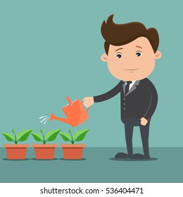 Businessman watering small green plant or tree. Vector illustration