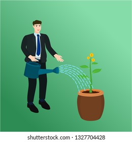 Businessman watering small money tree in ceramic pot