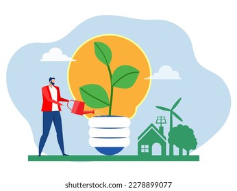 businessman watering a small plant with a light bulb on it creating a concept Green eco home with save energy and recycle ,Ecology and environment conservation concept