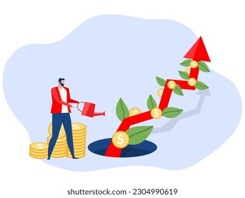 businessman watering small plants and yielding a big tree money coin tree. Financial growth concept. Vector illustration