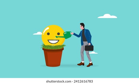 businessman watering smile plants illustration, control emotions to get high performance at work, Understanding your emotions mood swings, emotional intellect, learn to control your feeling or emotion