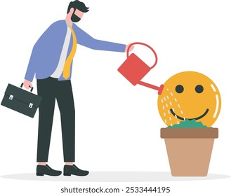 businessman watering smile plants illustration, control emotions to get high performance at work, Understanding your emotions mood swings, emotional intellect, learn to control your feeling or emotion