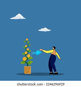  Businessman watering stack dollar coin to grow money plant , earning increase or  wealth profit growth.