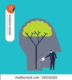 Businessman watering a tree brain. Vector illustration Eps10 file. Global colors. Text and Texture in separate layers.