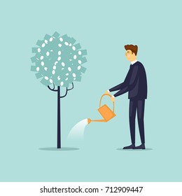 Businessman is watering a tree. Characters. Flat design vector illustration.