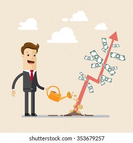 Businessman is watering a tree of money. Increase revenue, investment. Isolated illustration, flat, vector EPS10.