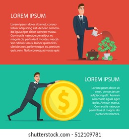 Businessman is watering a tree of money. Increase revenue, investment. Cartoon poster vector illustration. Banners for your web design in business style. Template for your text. Business set.