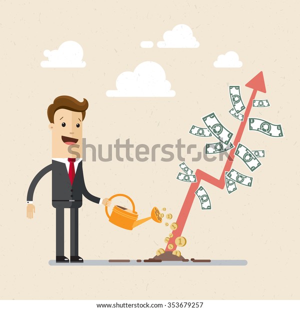 Businessman is watering\
a tree of money. Increase revenue, investment. Isolated\
illustration, flat, vector\
EPS10.