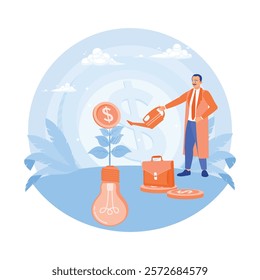 A businessman waters his money-making plants. Starting a start-up business to raise funds. Investing money in self-development concept. Flat vector illustration.
