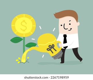 Businessman waters the plant ,businesss cartoon illustration.
