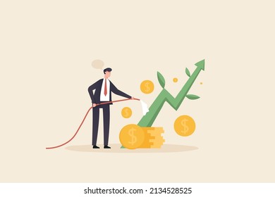 A businessman waters a small plant shaped like a growth graph. Investment growth or business grow up, make profit in stock market or earning growth concept