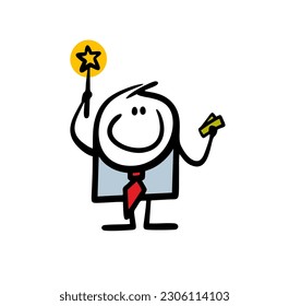 Businessman waved his magic wand and says a spell for money. Vector illustration of a magical rite and a sorcerer in an office suit. Isolated image on white background.