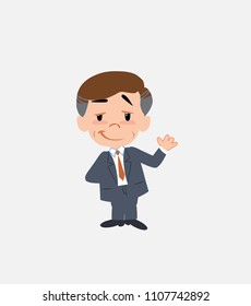 Businessman waving with a dreamy expression.