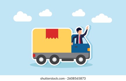 Businessman waving from inside a delivery box truck, illustration of business in the logistics sector