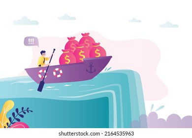 Businessman with wealth sailing on boat. Leader choose false direction. Male boss steers ship and sailing at waterfall. Bad money management. Way to financial crisis, bankruptcy. Vector illustration