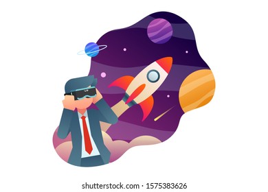 A Businessman Wear An Augmented Reality Gadget And Sees A Rocket Launch Into Space Surrounded By Planets Vector Illustration Concept Background Element