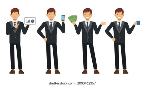 Businessman wear black suit and blue tie character vector design. Presentation in various action.