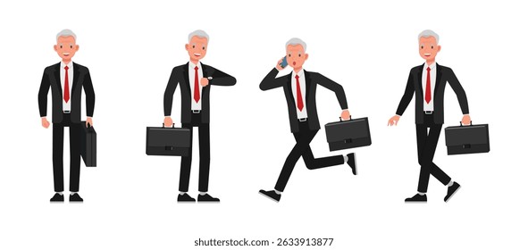 Businessman wear black suit character vector illustration design set. Men holding a briefcase.