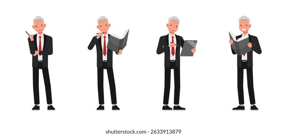 Businessman wear black suit character vector illustration design set. Man with book, reading and showing idea.