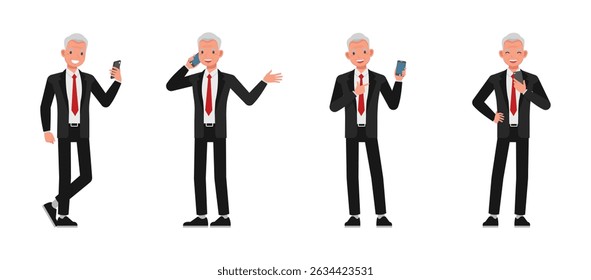 Businessman wear black suit character set. Man looking, pointing, talk on phone. Vector illustration cartoon design.