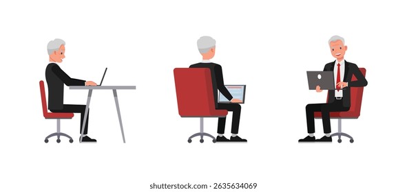 Businessman wear black suit character set. Man sitting and working with laptop in office. Vector illustration cartoon design.