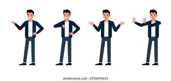 Businessman wear blue jacket character set. Men express negative emotions, anger, sadness, frustration, and sadness. Vector illustration design.