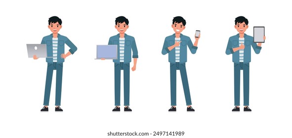 Businessman wear blue jeans shirt character set. Man with phone, laptop and tablet. Vector illustration design.