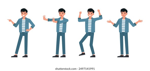 El hombre de negocios usa un conjunto de personajes de camisa de jeans azules. Los hombres expresan emociones negativas, ira, tristeza, frustración y tristeza. Diseño de Ilustración vectorial.