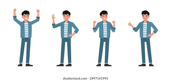 Businessman wear blue jeans shirt character set. Men express positive emotions happiness, pride, joy, encouragement. Vector illustration design.