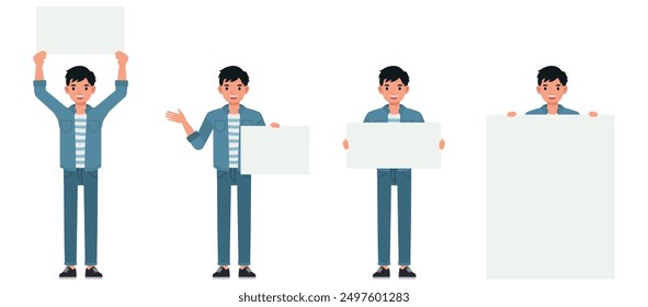 Businessman wear blue jeans shirt character set. Man holding a blank sign board. Vector illustration design.