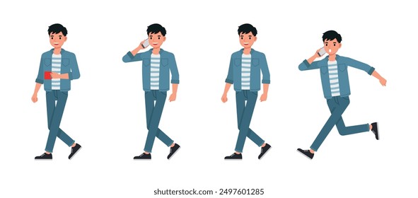 El hombre de negocios usa un conjunto de personajes de camisa de jeans azules. Hombre sosteniendo una taza de café, caminar y correr. Diseño de Ilustración vectorial.