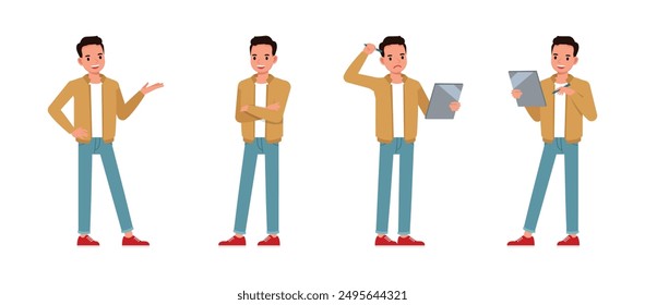 El hombre de negocios usa una chaqueta marrón que trabaja en el conjunto de diseño de Ilustración vectorial de personajes de oficina. Hombre pensando sosteniendo el Portapapeles y la presentación.