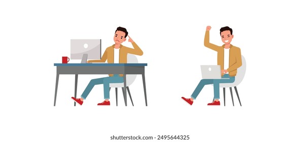 Hombre de negocios usa chaqueta marrón trabajando y agradeciendo en el conjunto de diseño de Ilustración vectorial de personajes de oficina.