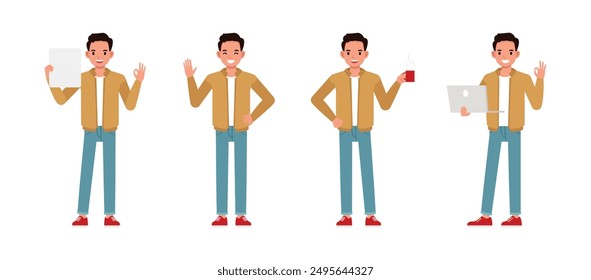 El hombre de negocios usa una chaqueta marrón que trabaja en el conjunto de diseño de Ilustración vectorial de personajes de oficina. Hombre haciendo un gesto OK, sosteniendo el papel, la taza de café y el ordenador portátil.