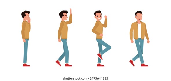 El hombre de negocios usa una chaqueta marrón que trabaja en el conjunto de diseño de Ilustración vectorial de personajes de oficina. Hombre feliz caminando diciendo hola.