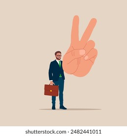 Businessman wear business clothes demonstrate v-sign. Flat vector illustration