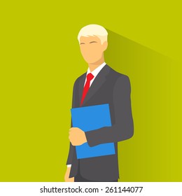 Businessman wear elegant fashion suit hold blue folder, business man flat icon vector illustration