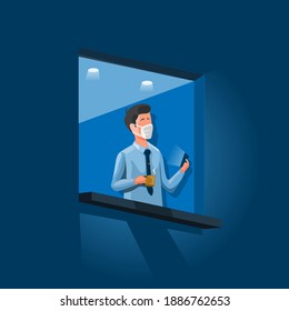 Businessman wear mask standing in window holding smartphone and coffee cup. new normal activity working at office or wfh concept in cartoon illustration vector