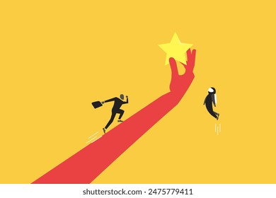 Businessman wearing astronaut costume fast over competitor for star. concept of Competitive advantage to win business competition