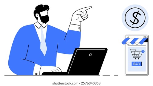 Businessman wearing a blue suit working on a laptop pointing at a dollar sign. E-commerce storefront icon with a shopping cart and buy button. Ideal for online shopping, e-commerce, business, digital