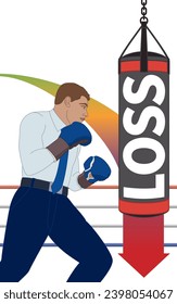 businessman wearing boxing gloves hitting LOSS on the punching bag with arrow pointing down isolated on a white background