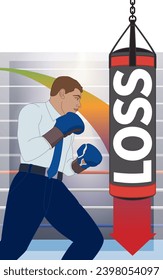 businessman wearing boxing gloves hitting LOSS on the punching bag with arrow pointing down on graph in boxing ring