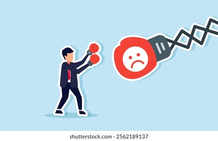 A businessman wearing boxing gloves punches a punching bag labeled with a sad emoticon, illustration of tackling declining market attention to business products