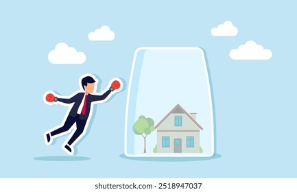 A businessman wearing boxing gloves trying to punch a glass covering a house, illustration of breaking out of the comfort zone or breaking away from routine