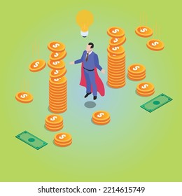 Businessman wearing cape with idea attracting money isometric 3d vector illustration concept for banner, website, illustration, landing page, flyer, etc.
